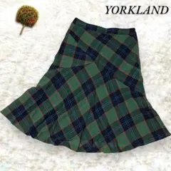 ヨークランド YORKLAND スカート 膝丈 フレア チェック モエヤ混 M