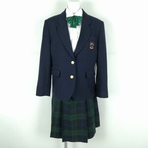 1円 ブレザー チェックスカート リボン 上下4点セット 大きいサイズ トンボ 冬物 女子 学生服 高知室戸高校 紺 制服 中古 ランクC NA2084