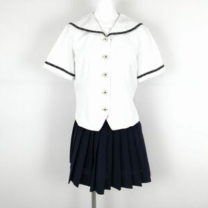 1円 セーラー服 ミニスカート 上下2点セット 大きいサイズ 夏物 柄1本線 女子 学生服 福岡八女学院中学高校 白 制服 中古 ランクC NA5175