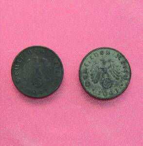 即決 ナチスドイツ 第三帝国 1ライヒスペニヒ 2枚セット 1941年 古銭 亜鉛貨 (アドラー章 スワスチカ 鉤十字 マルク