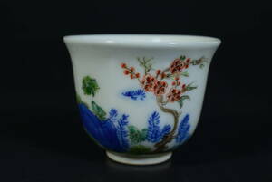 【和】(8486)　時代古作　大清康煕年製　色絵花文煎茶碗　茶器　ぐいのみ