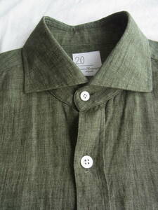 Maria Santangelo 　マリアサンタンジェロ 　リネン100%　セミワイドカラーシャツ　サイズ XS 　シャンブレーのオリーブグリーン　