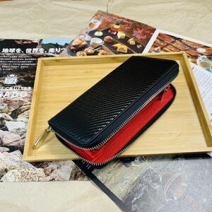 【田中革具】※ 新品 ハンドメイド カーボンレザー 長財布 財布 ラウンドファスナー ロングウォレット 牛革 本革 レザー メンズ 黒 赤