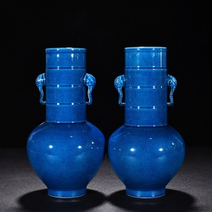 大清康熙年製款 藍釉弦文象耳瓶 一対 唐物 陶磁器 中国美術 工芸品 HB866