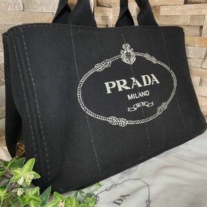 1円 【至高の逸品】PRADA プラダ カナパ 2way ハンドバッグ トートバッグ ショルダーバッグ キャンバス ブラック 黒 1スタ