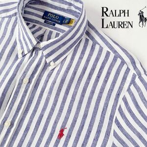 (美品) ラルフローレン RALPH LAUREN ボタンダウン リネン ストライプ 長袖シャツ L 180/100A ホワイト パープル 麻 シャツ 