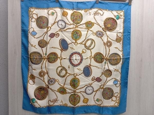 GUCCI スカーフ 懐中時計柄 ブルー × アイボリー 約85×85cm