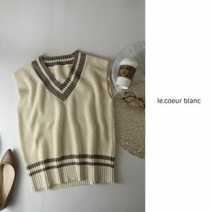 超美品☆ルクールブラン le.coeur blanc☆洗える 綿100% チルデンアゼ編みニットベスト 38サイズ☆A-O 0868