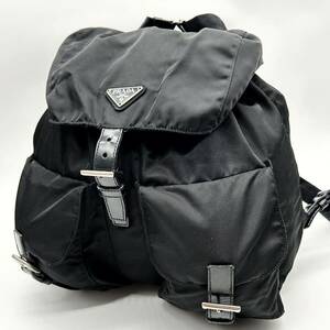 ●高級●PRADA プラダ リュックサック バックパック デイパック 鞄 かばん 三角ロゴ プレート ナイロン レザー レディース 黒 ブラック