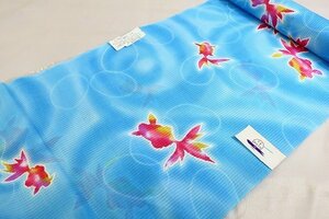 【着物フィ】新品未使用品 浴衣　反物 金魚　綿絽　水色　クイーンサイズ 花柄　注染　女性　夏　お洒落 未仕立て　14225