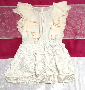 フローラルホワイトシフォンフリルネグリジェレーススカートチュニック Floral white ivory chiffon frill negligee lace tunic dress