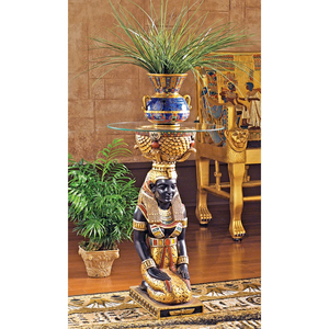 エジプト女神イシス　ガラステーブル　ミニテーブル小物置き場インテリア置物女性像ゴージャス家具ゴールド金色スカラベ台座花台コラム