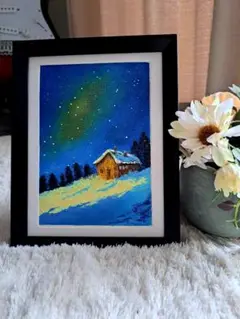 「山小屋の夜空」手描き　油絵　原画　風景画
