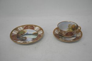 【5-07】 Noritake オールドノリタケ 湖畔風景画 金盛り模様縁 金彩 カップ&ソーサー ケーキ皿 プレート 洋食器 アンティーク Antique