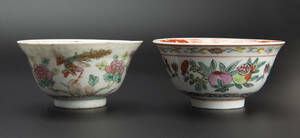 清 粉彩花紋杯 2件 中国 古美術