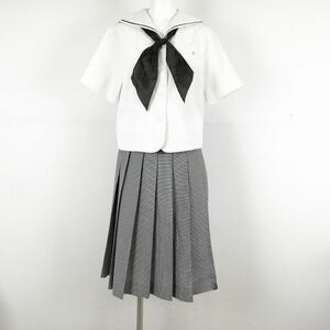 1円 セーラー服 チェックスカート スカーフ 上下3点セット カンコー 夏物 黒1本線 女子 学生服 兵庫龍野北高校 白 中古 ランクC NA1602