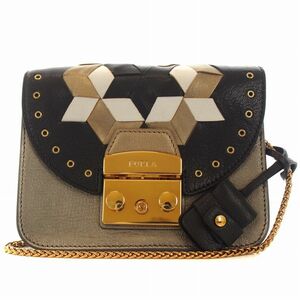 フルラ FURLA メトロポリス METROPOLICE ショルダーバッグ チェーン 編み込み スタッズ レザー グレー 黒 ブラック /BM レディース