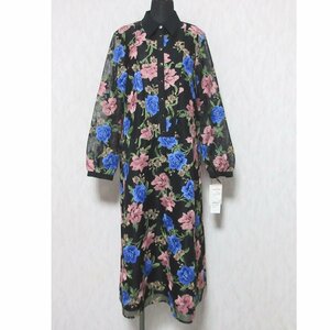 未使用 訳アリ 23AW グレースコンチネンタル オンライン完売サイズ 長袖 マキシ丈 メッシュフラワーフレアワンピース 38 ブラック系 ◆