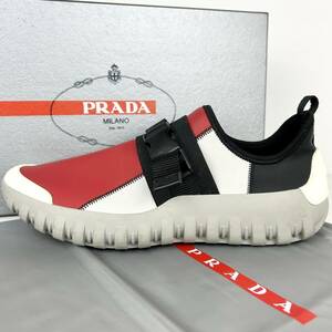 1円 【未使用級】 PRADA プラダ 【圧倒的高級感】 メンズ スニーカー スリッポン ローカット シューズ 靴 レッド ベルト 6 25cm相当 