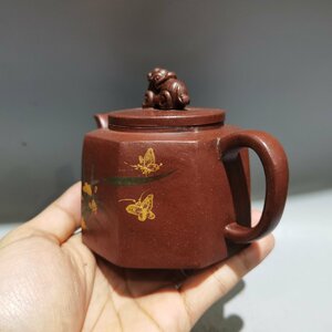 ◆古寳堂◆清代 紫砂壺 泥繪八方壺 王南林 紫泥 茶具 茶道品 極細工 古置物 古擺件 中国古美術 時代物 古董品