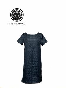 【現品1点のみ!!】HAJIME AYUMU 高級和柄付き着物リメイクデザインボートネックワンピース ブラック ハンドメイド 半袖 トップス M～L 黒