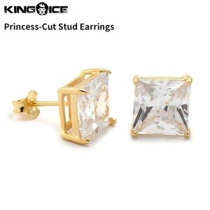 【トップの幅 8mm】King Ice キングアイス プリンセスカット スタッド ピアス ゴールド Princess-Cut Stud Earrings イヤリング メンズ