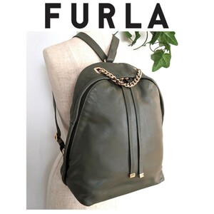 美品 フルラ FURLA 上質 レザー リュック バックパック デイパック 鞄 マザーズバッグ ハンドバッグ カーキ グリーン オリーブ イタリア