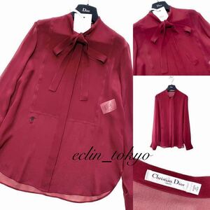 【E3522】新品同様 Christian Dior ディオール《最高級シルク100%》襟リボン BEE刺繍入り シャツ ブラウス 34【お上品な美しいボルドー色】