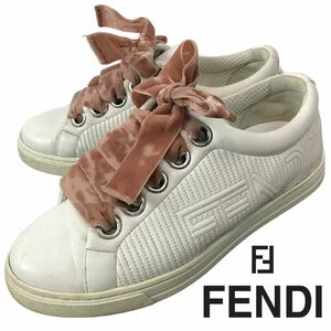 j232 FENDI フェンディ ロゴ ローカットスニーカー レザーシューズ ピンク ベロアリボン レースアップ ホワイト 36 正規品 イタリア製