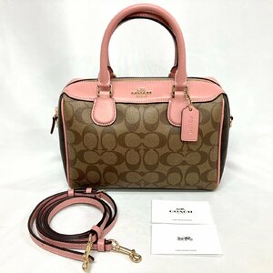 ※※【美品】COACH コーチ シグネチャ－ 2ｗay ミニボストン ベージュ×ピンク F34279 ハンドバッグ ショルダーストラップ付き レディース