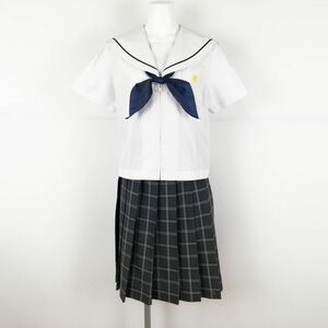 1円 セーラー服 チェックスカート スカーフ 上下3点セット 大きいサイズ 夏物 黒1本線 女子 学生服 中学 高校 白 制服 中古 ランクC NA1622