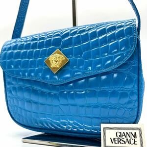 2251 希少色 入手困難● Versace ヴェルサーチ ショルダーバッグ ポシェット クロコ シャイニング メデューサ ゴールド金具 ブルー レザー