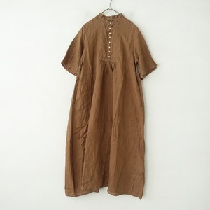 【染】ネストローブ nest Robe *リネンバンドカラーワンピース*F麻ブラウンギャザーフレアスリーブドレス(34-2403-101)【72D42】