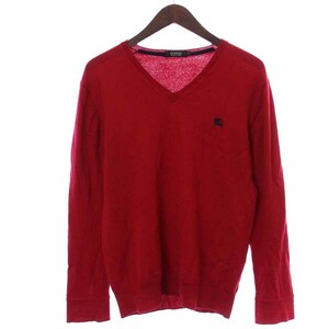 バーバリーブラックレーベル BURBERRY BLACK LABEL ニット セーター Vネック ウール プルオーバー ロゴ刺繍 長袖 3 L 赤 レッド