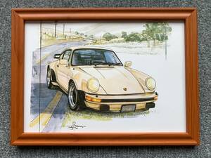 ■BOW。池田和弘『Porsche 911 Turbo』B5サイズ 額入り 貴重イラスト 印刷物 ポスター風デザイン 額装品 アートフレーム 旧車