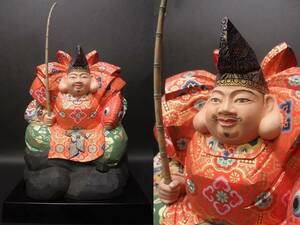 彫刻家 平野富山 敬吉 木彫 極彩色 恵比寿様 彫刻 『恵比寿天尊像』 共箱