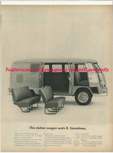 空冷 VW フォルクスワーゲン バス　広告 当事モノ ラージサイズ 英語版：This station wagon seats 8. sometimes.