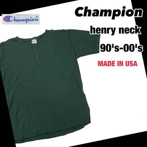 USA製 チャンピオン 刺繍ロゴ ヘンリーネック リブ編みTシャツ