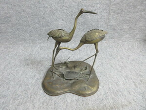 【政】27867 夫婦鶴に亀の置物 銅製 床の間 装飾 骨董