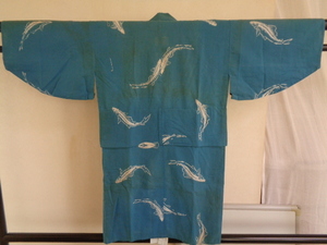 d315-60 浴衣 男児 木綿 藍染め 魚文 昭和レトロ 着物 アンティーク
