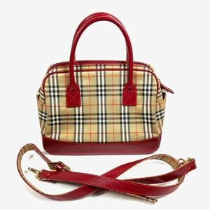 仙35 BURBERRY ノバチェック ハンドバッグ ミニボストン ショルダーバッグ 2WAY シャドーホース ベージュ系 レッド系 バーバリー 鞄