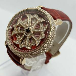 A) 腕時計 グルグル時計 本革ベルト genuine leather 赤文字盤 回る文字盤 赤ベルト 赤時計 スピナー メンズ レディース 動作未確認 E0908