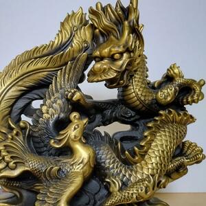 【大迫力！】開運、風水、縁起物　５本爪の龍と鳳凰の特大ブロンズ像　置物　中国