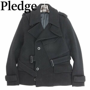 ◆Pledge プレッジ ウール ベルテッド ハーフ コート 黒 ブラック 48