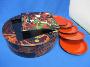 山中漆器　皿付二段寿司重 寿司桶 銘々皿 5客 おひつ 合成漆器 #1872