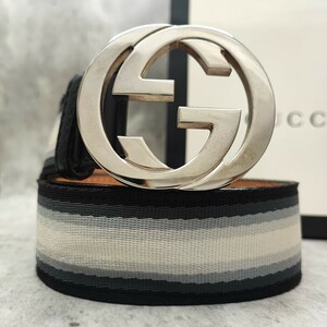 極美品●GUCCI グッチ メンズ ベルト インターロッキングG ストライプ GGロゴ シルバー金具 キャンバス 革 レザー 黒 ブラック×ホワイト系