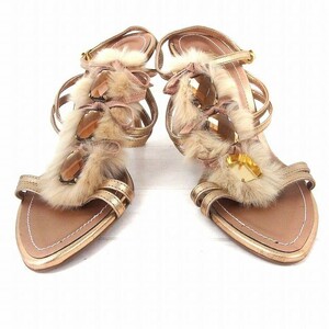 プールサイド POOLSIDE 靴 シューズ サンダル ビジュー装飾 エコファー ピンヒール 22.5 ゴールド /FT24 レディース