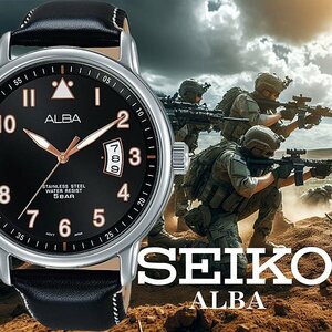 逆輸入セイコーALBA 新品 ミリタリー 視認性高く無駄削ぎ落とした王道のシンプル仕様 50m防水 本革ベルト メンズ日本未発売 腕時計