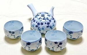 新品　陶磁器　肥前鳳山作　小梅画　急須＆湯呑4客　茶器セット　茶道具