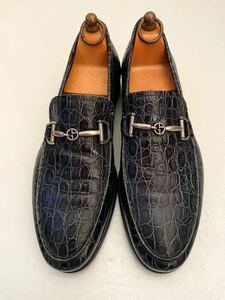 GIORGIO ARMANI size7 イタリア製型押しレザースリッポン レザーシューズ ダークネイビー 濃紺 ジョルジオアルマーニ メンズ ビット付き